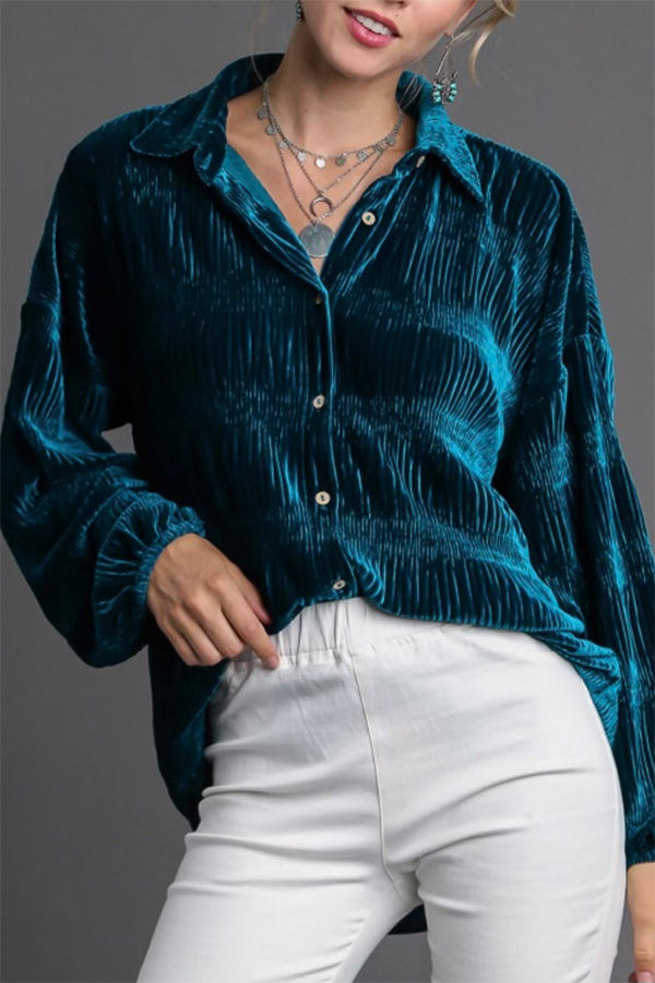 Shirred Velvet Button Down Top