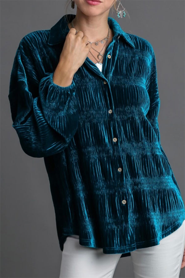 Shirred Velvet Button Down Top