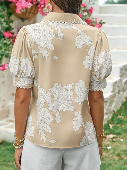 Puff-sleeved floral button-down shirt