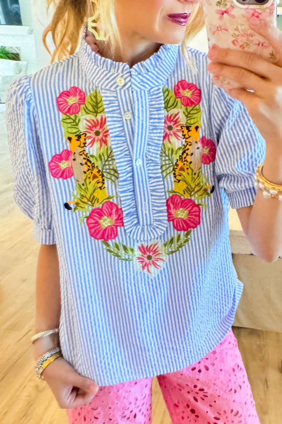 Blue Stripe Embroidered Detail Top