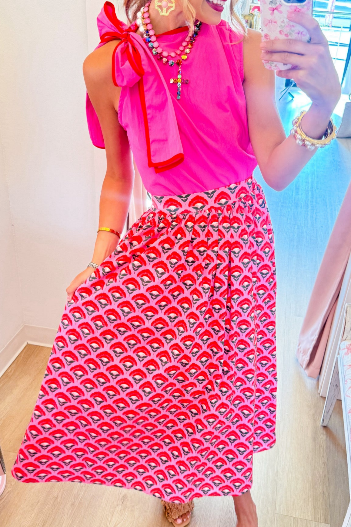 Pink Floral Print Midi Skirt