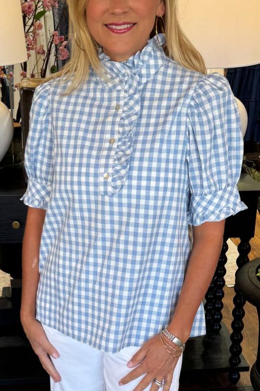 Gingham Puff Sleeve Cotton Blend Top
