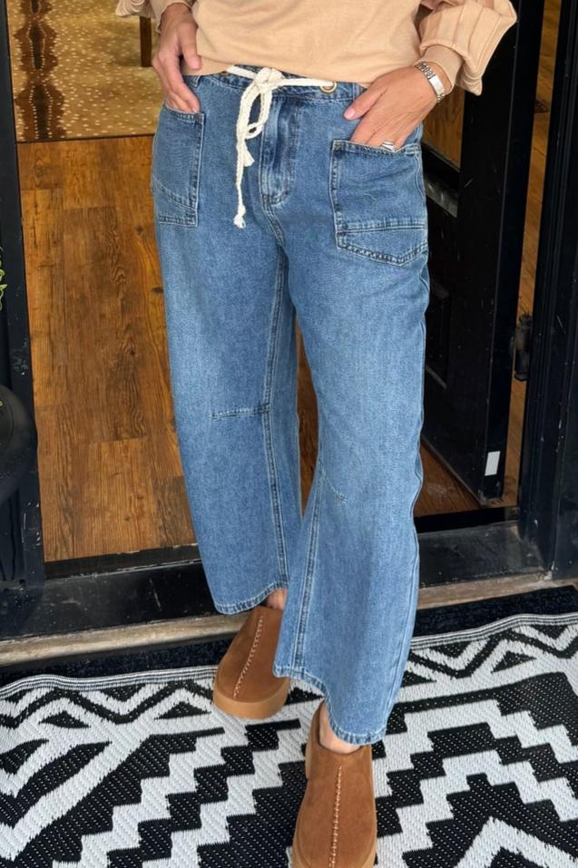 Drawstring Waist Utility Pocket Cropped Wide Leg Jeans