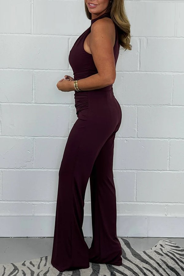 Pleated Halter Neck Ruched Waist Jumpsuit