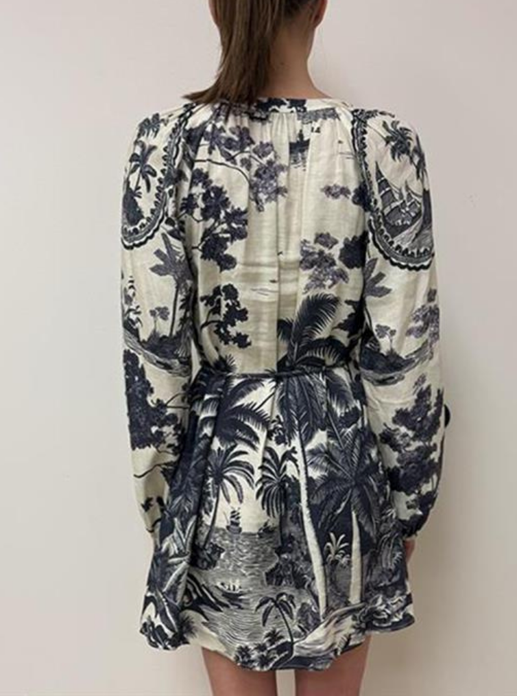 Tropical Toile Tie-Waist Mini Dress