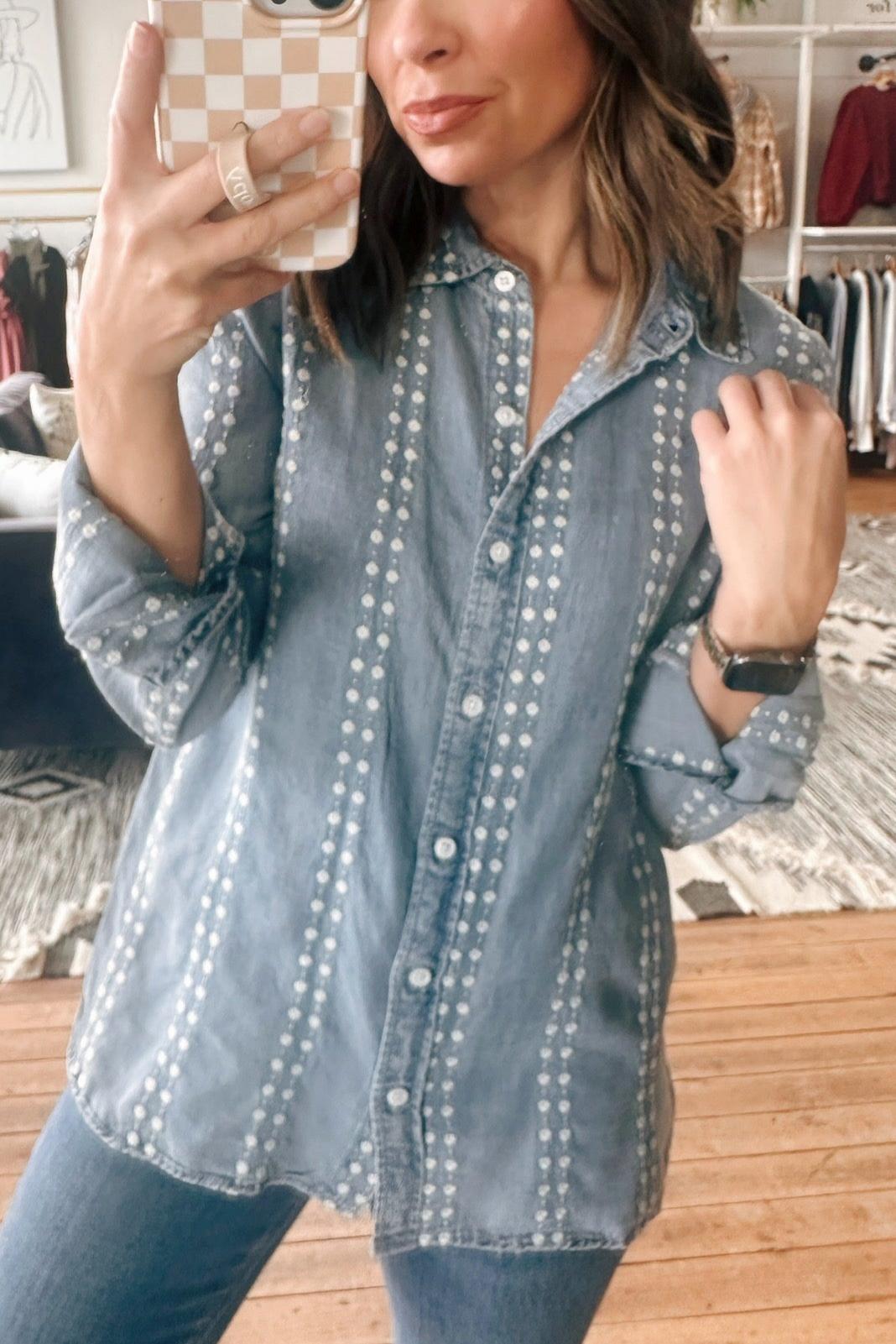 Blue and white polka dot denim shirt