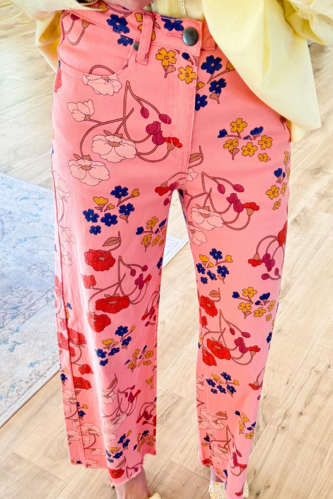 Coral Pink Floral Wide Leg Jeans
