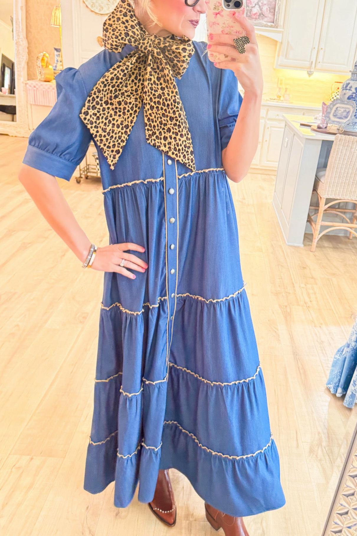 Denim Contrast Piping Maxi Dress