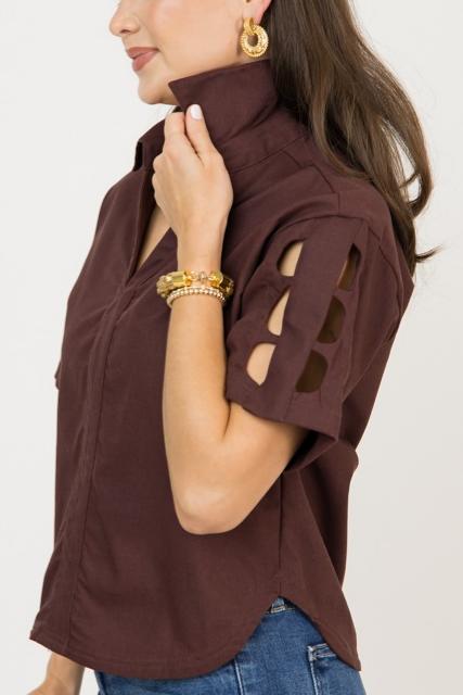 Stand-up collar openwork sleeve shirt