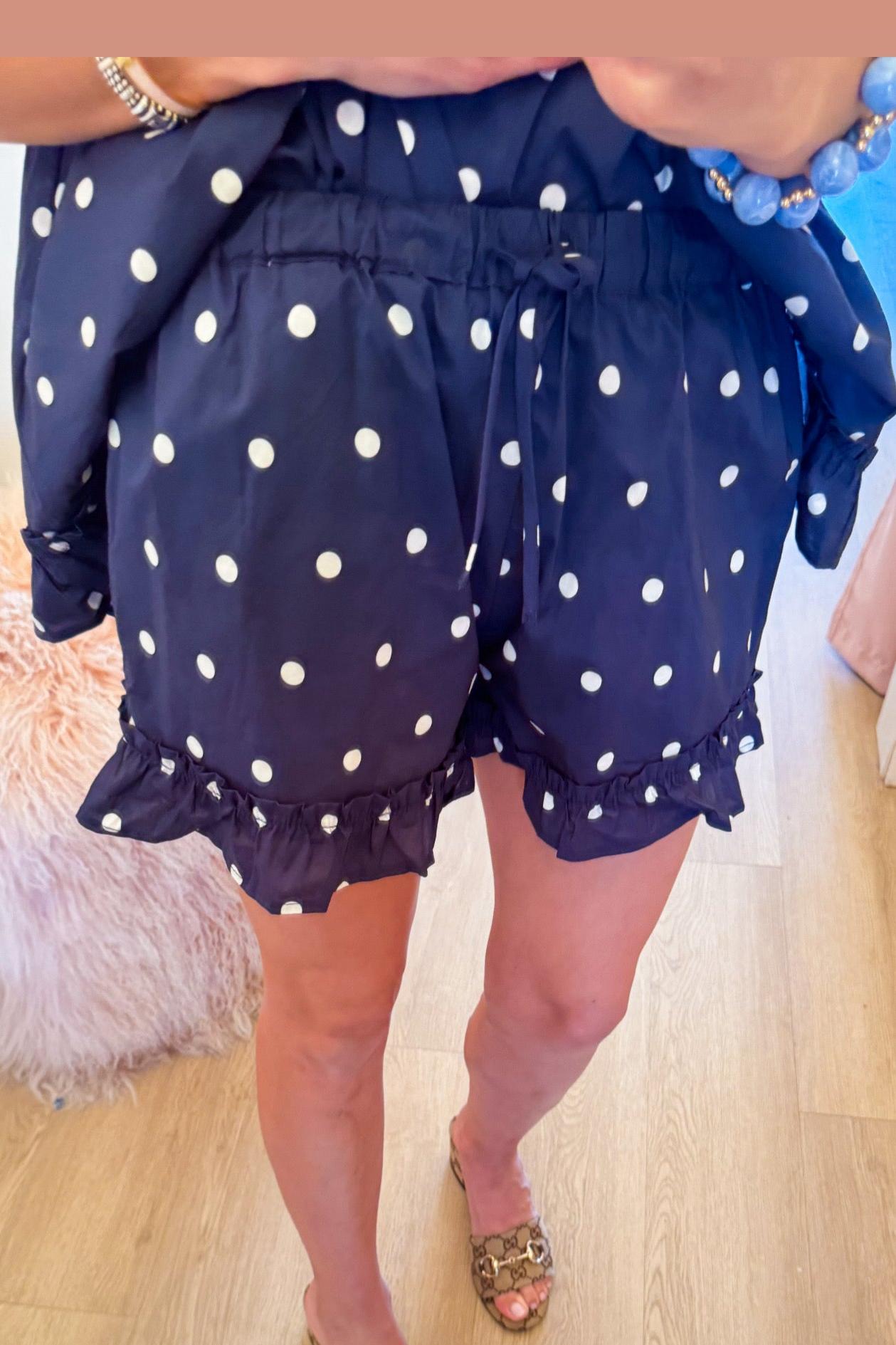 Navy Polka Dot Ruffle Hem Short Set