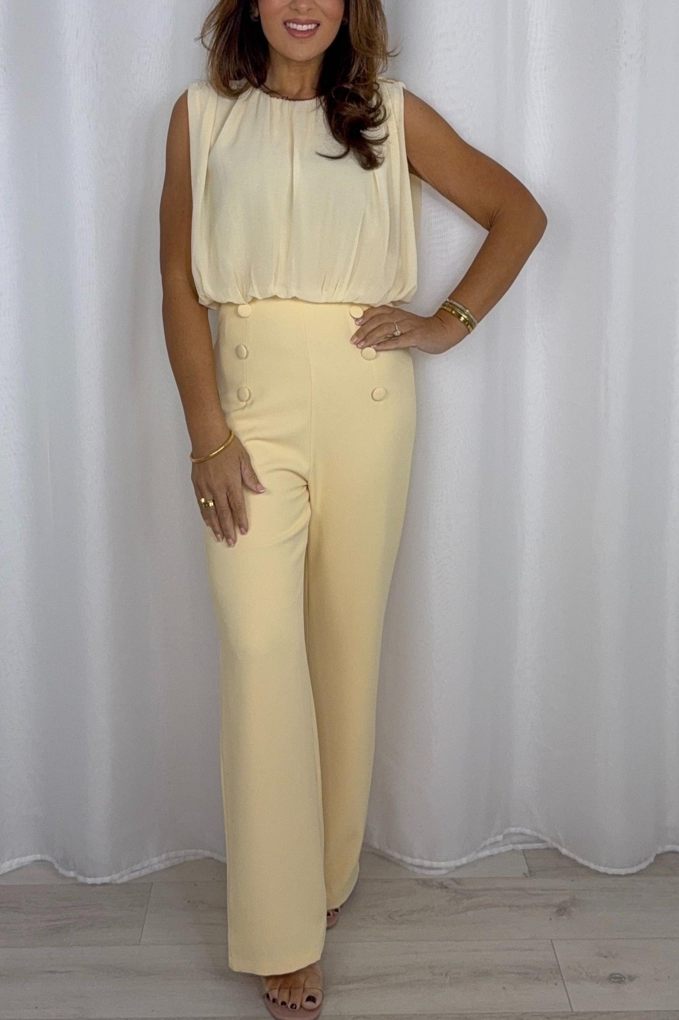 Butter Yellow Sleeveless Ruched Top Button Detail Jumpsuit