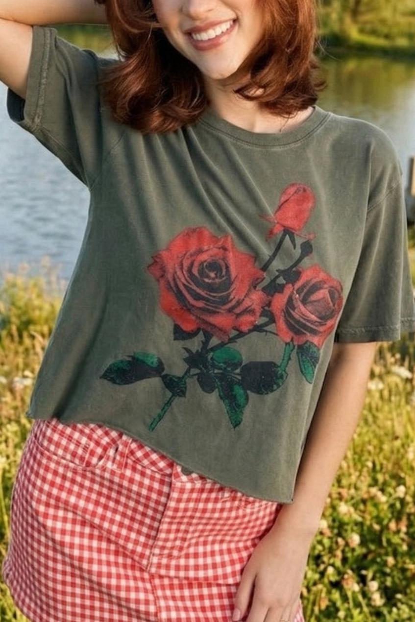 Olive Green Romantic Rose Print Faux Crop T-Shirt