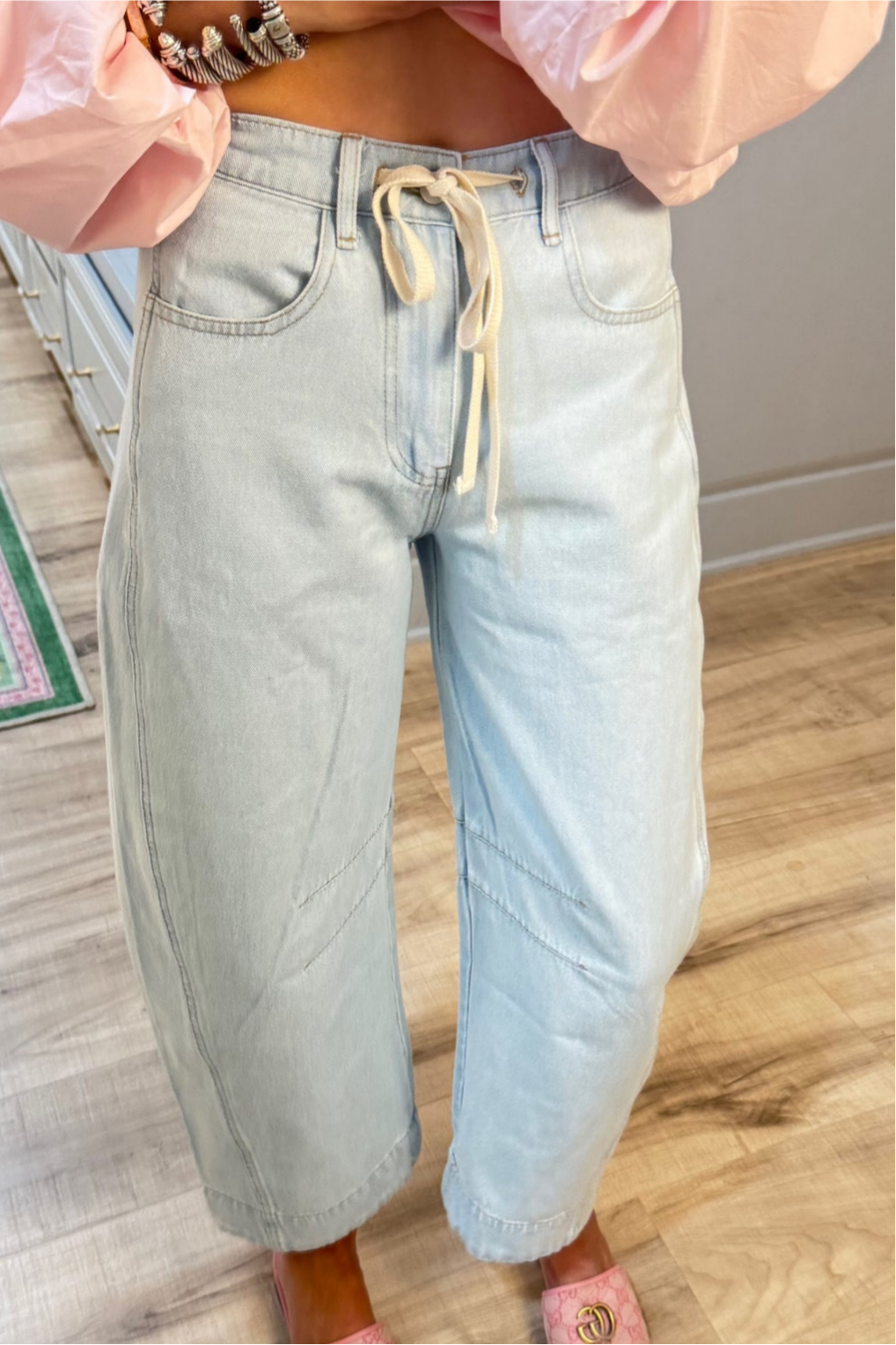 Light Denim Floral Detail Barrel Jeans