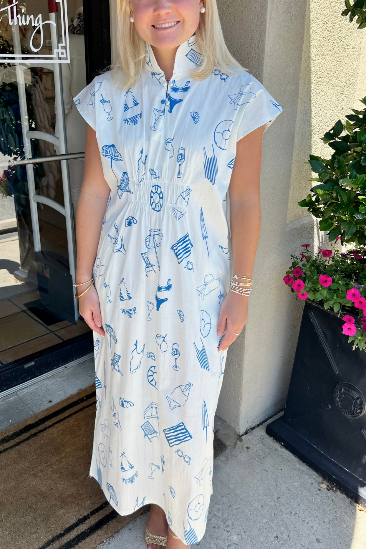 Beach Print Zip-Front Caftan Dress