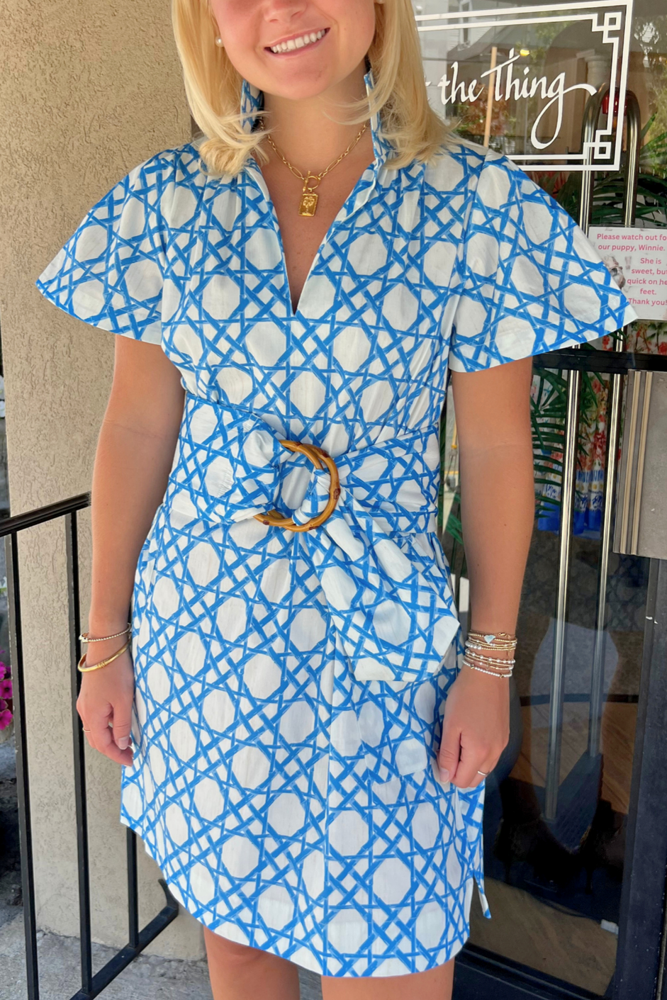 Cane Print Belted Short Sleeve Shirt Dress