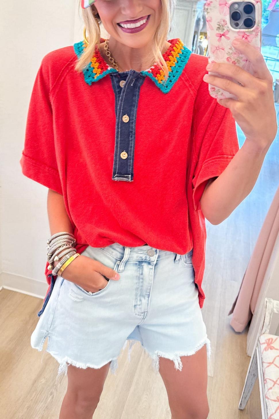 Red Mineral Washed Crochet Collar Top