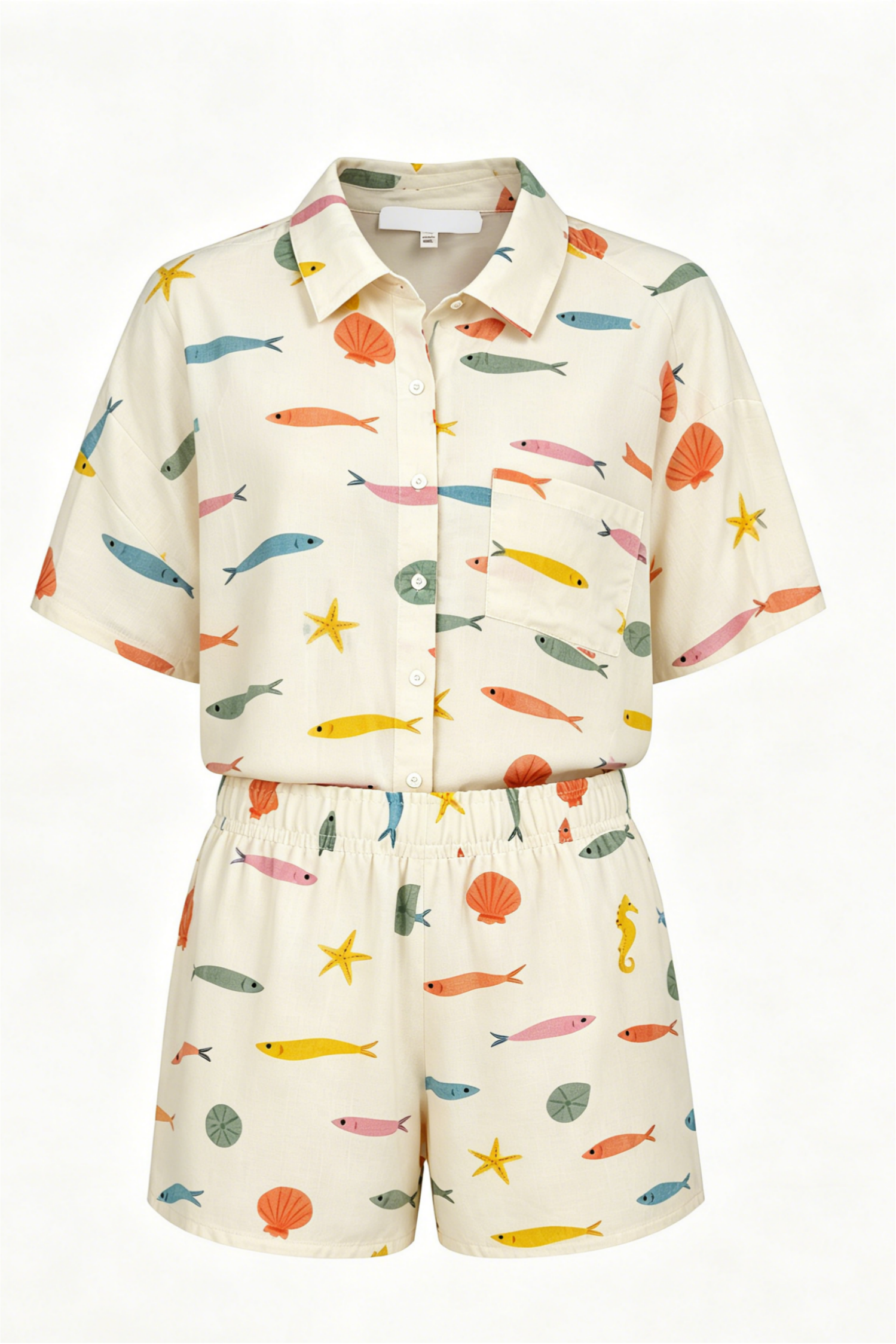 Multi Fish Button Up Shirt and Shorts Set
