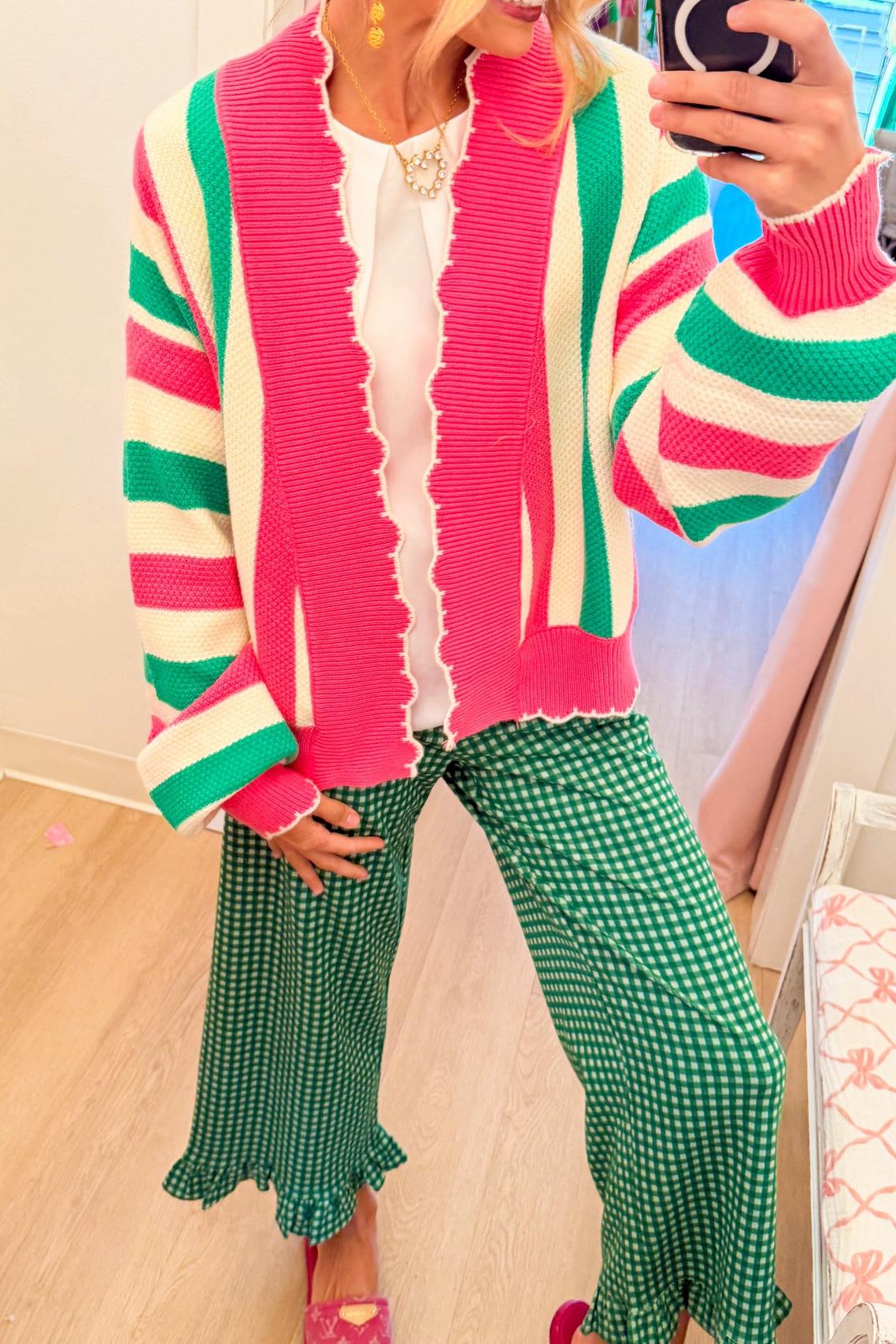 Ivory Pink Green Stripe Cardigan