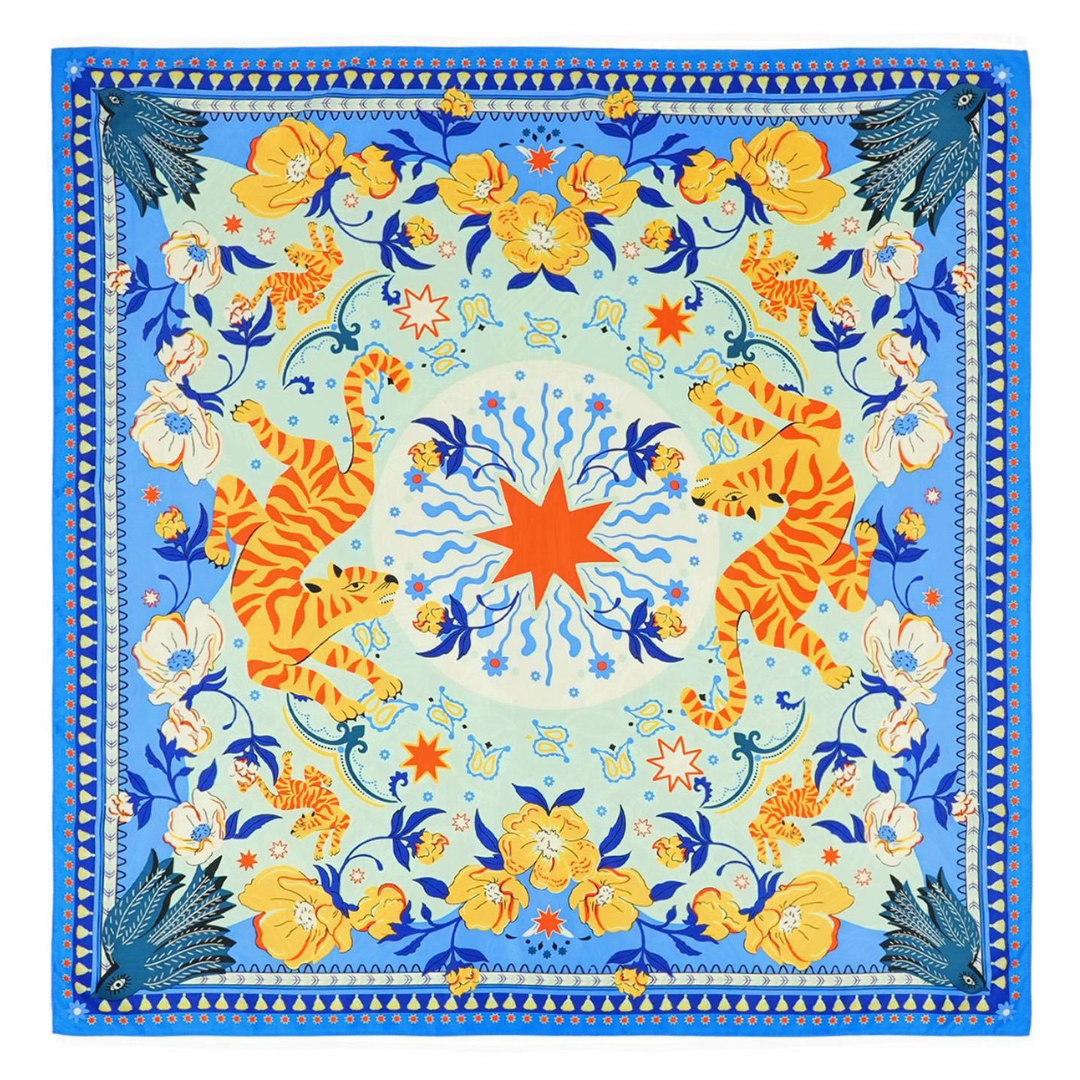 Vibrant Blue Boho Tiger Small Square Scarf