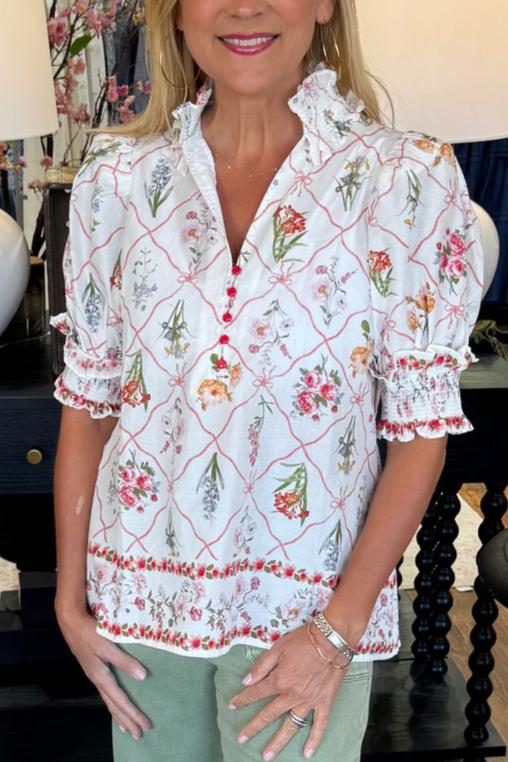 Charming Red Floral Trellis Print Ruffle Trim Blouse