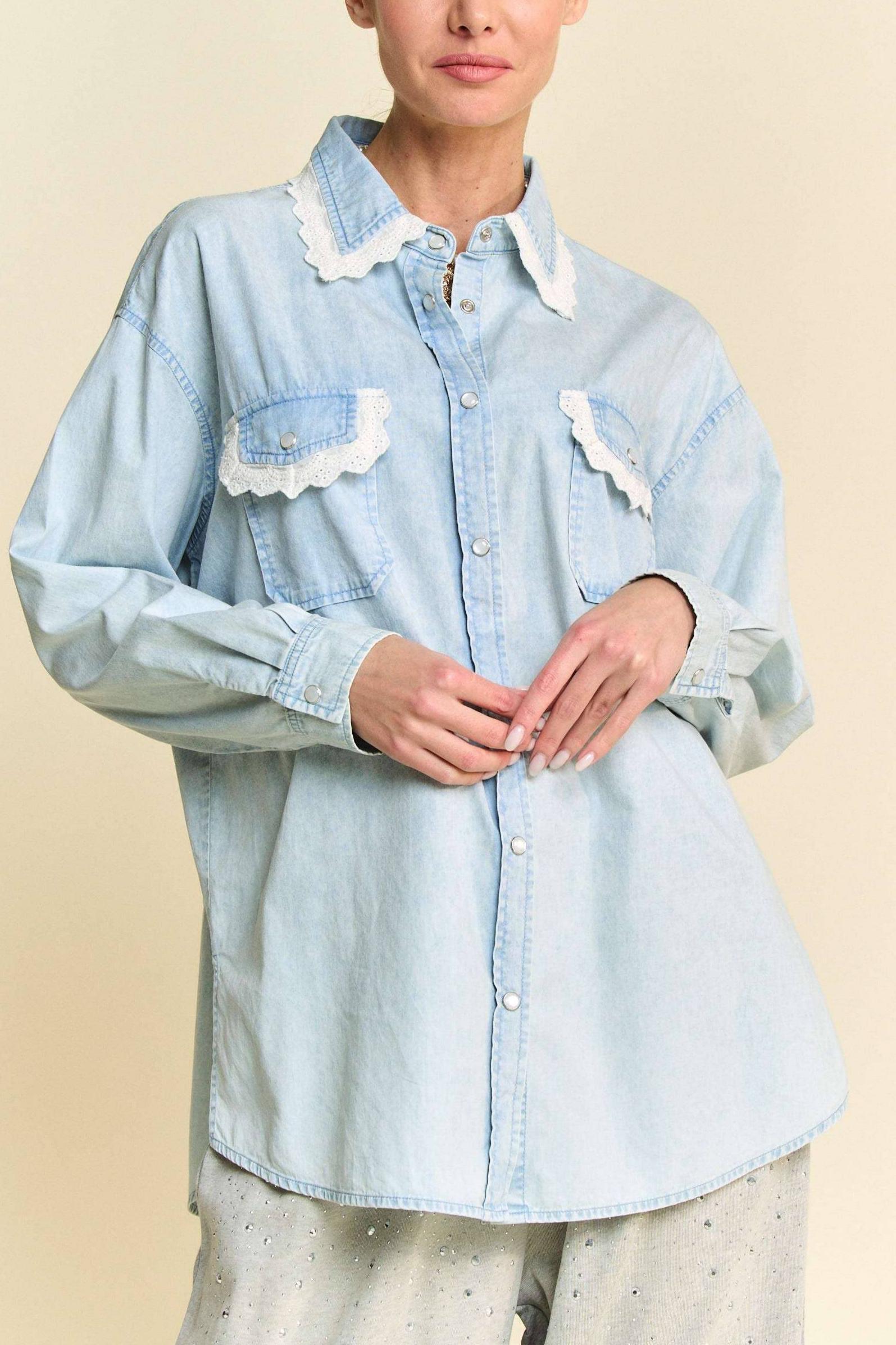 Lightweight Washed Lace Edge Waffle Knit Top 