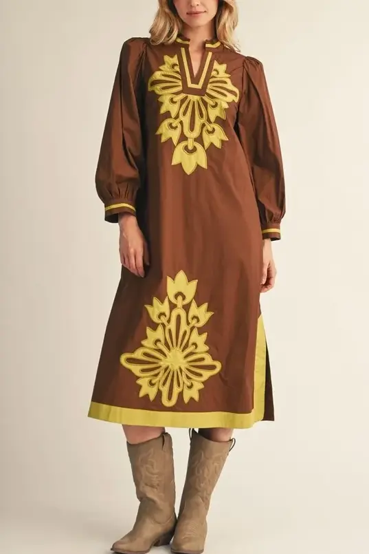 Floral Applique Midi Dress Brown