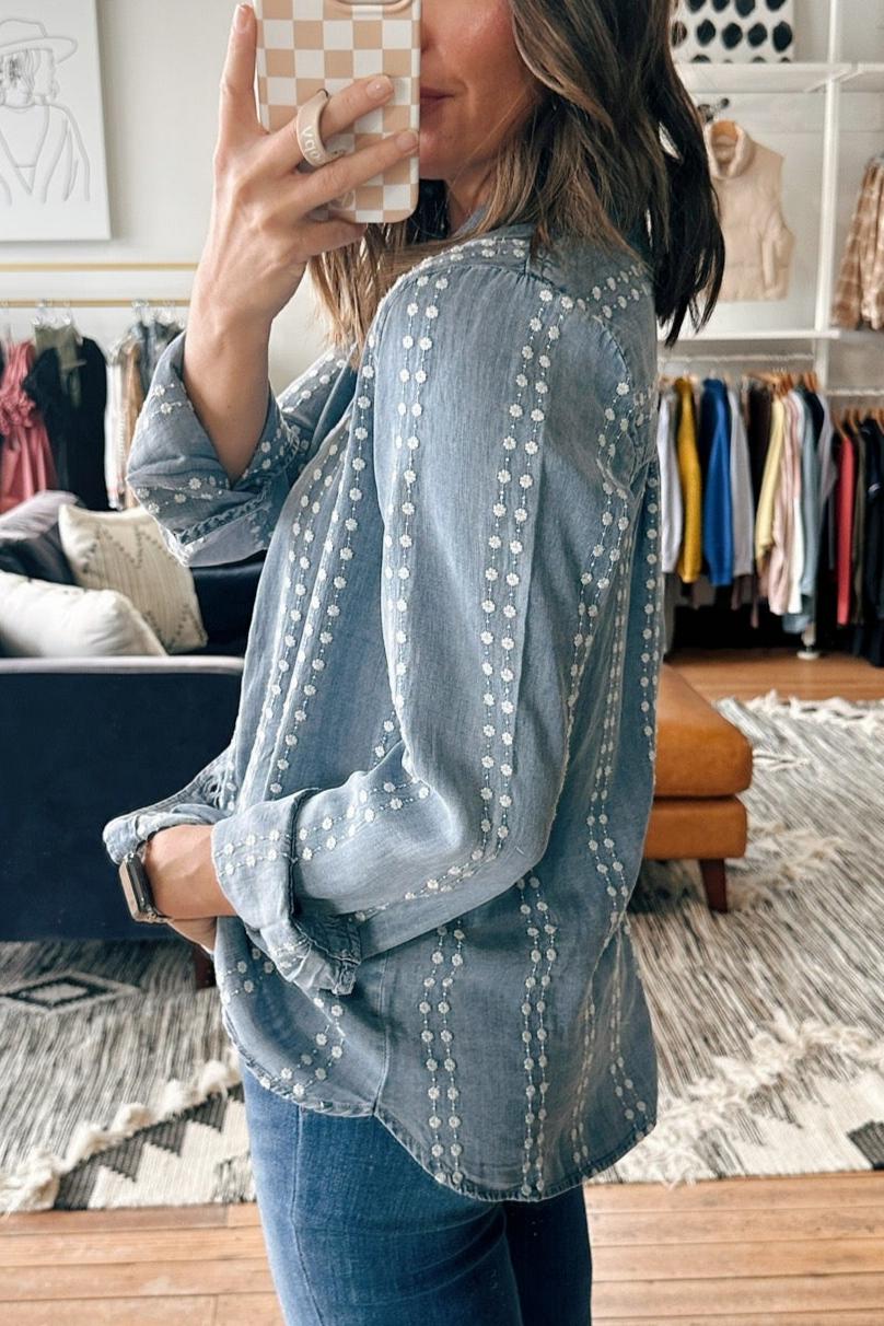 Blue and white polka dot denim shirt