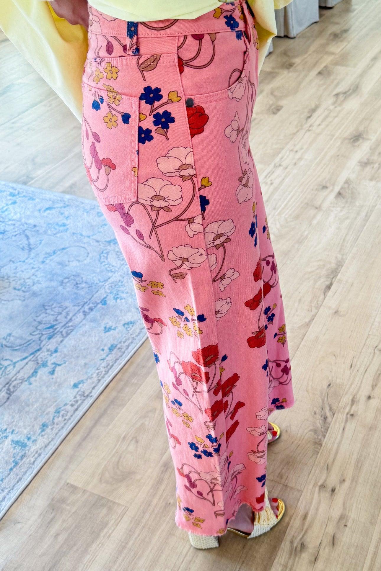 Coral Pink Floral Wide Leg Jeans