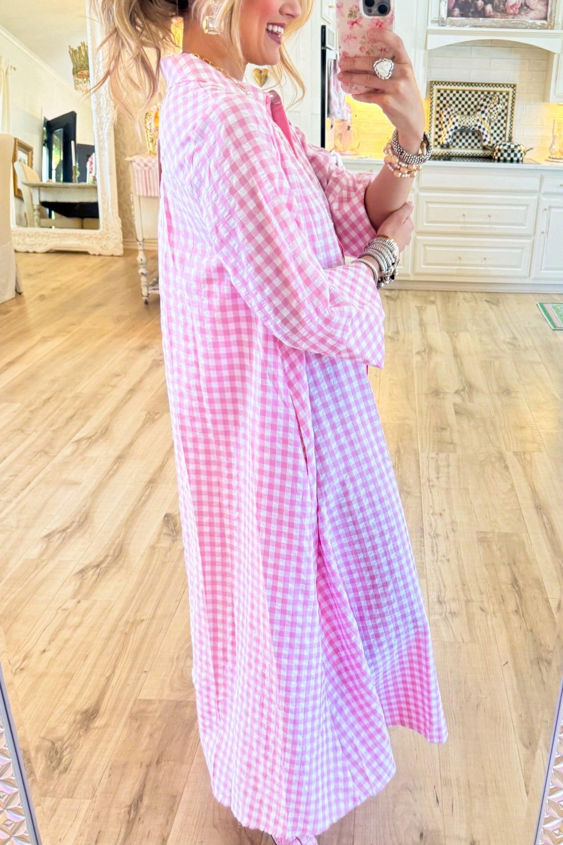 Pink Gingham Button Down Midi Dress