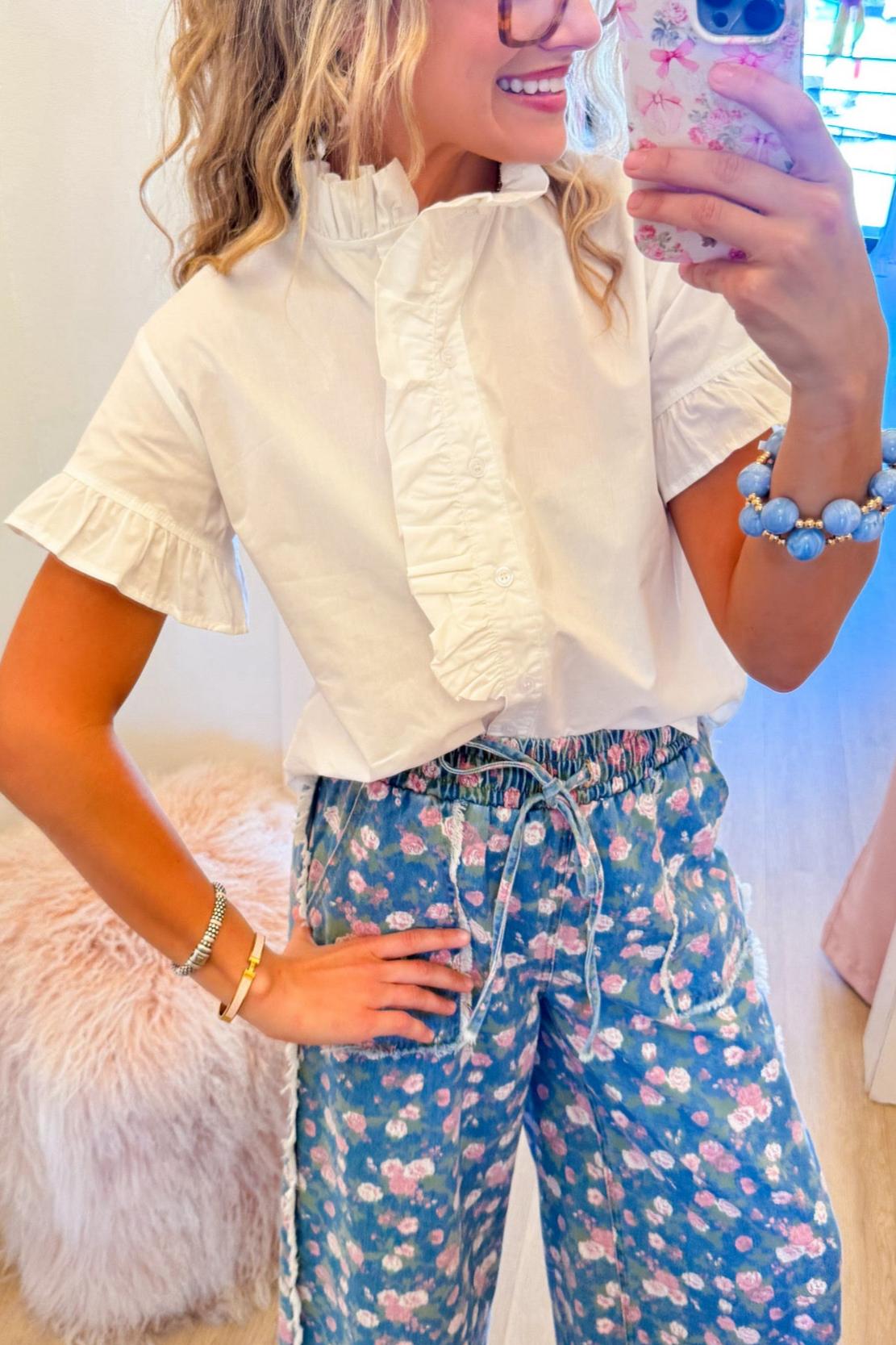 Off White Ruffled Button Up Top
