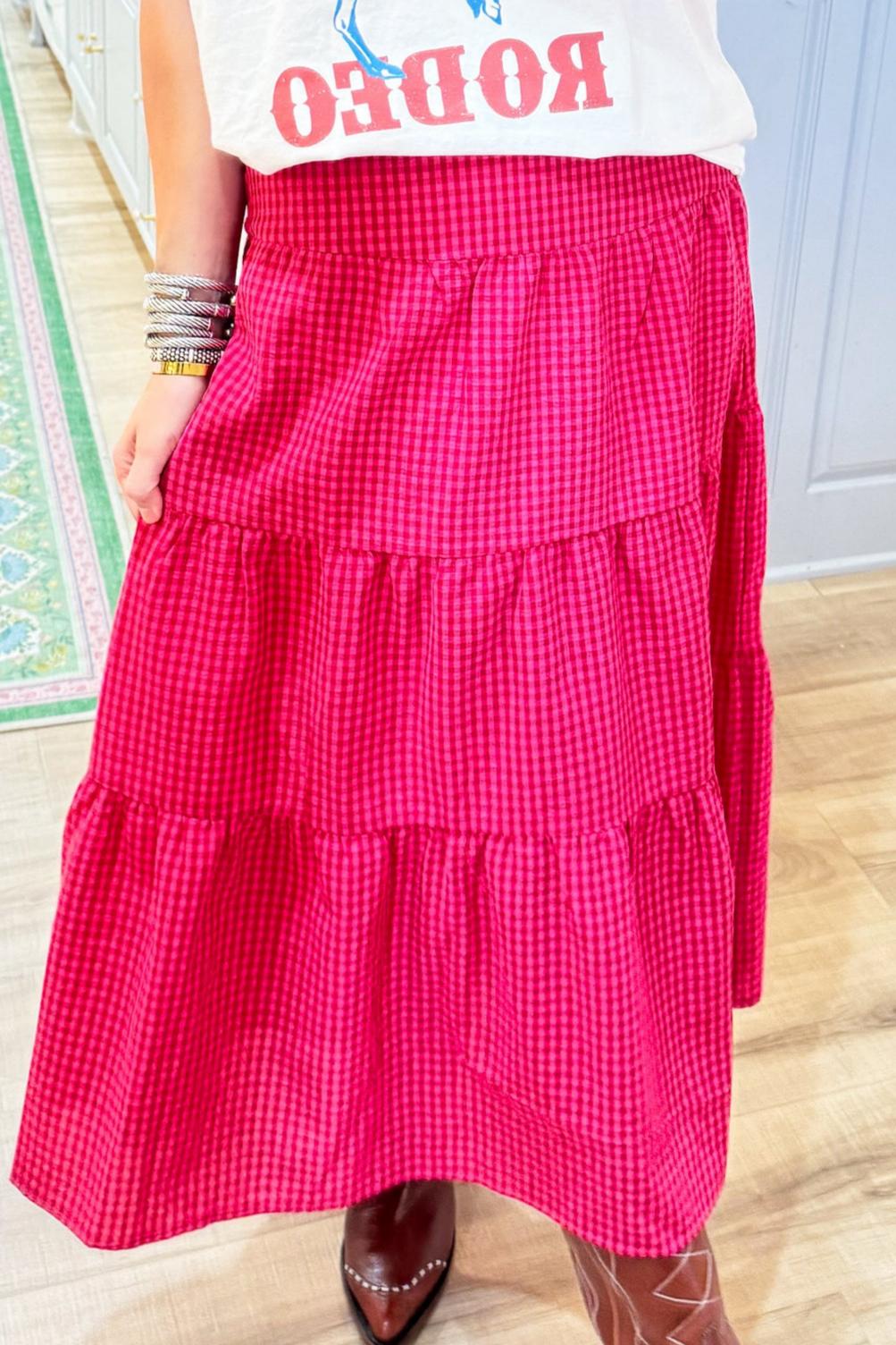 Red and Pink Gingham Maxi Skirt