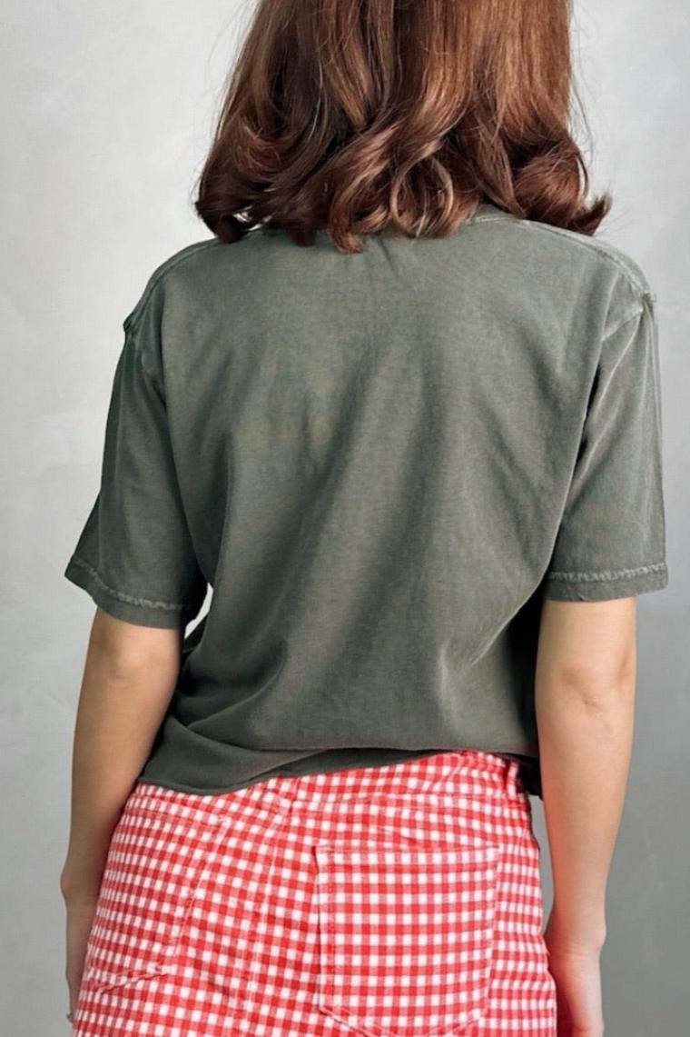 Olive Green Romantic Rose Print Faux Crop T-Shirt