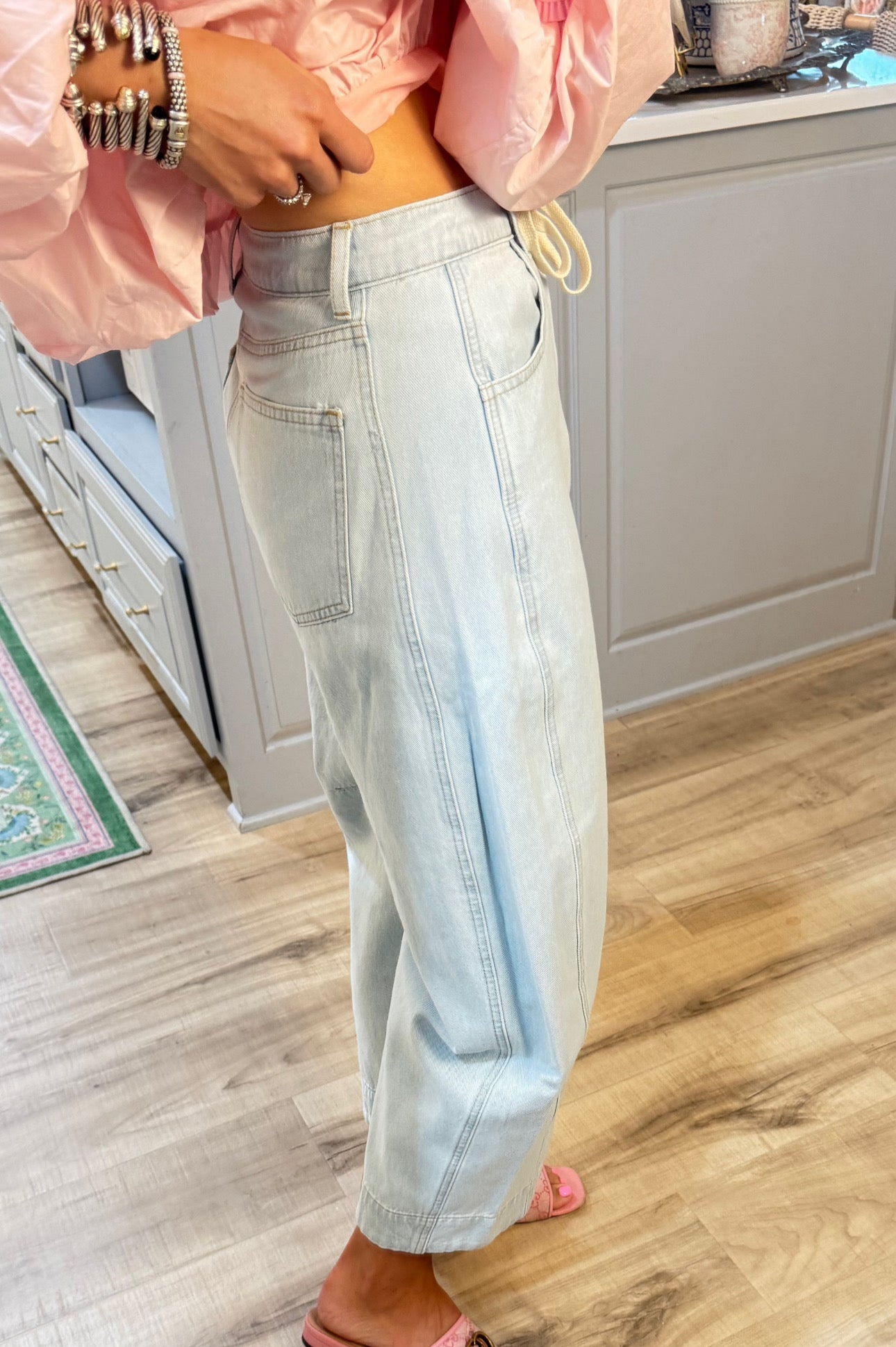 Light Denim Floral Detail Barrel Jeans