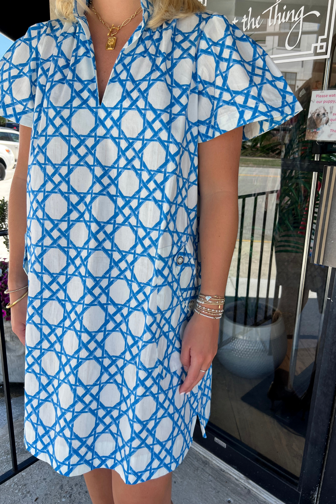 Cane Print Belted Short Sleeve Shirt Dress