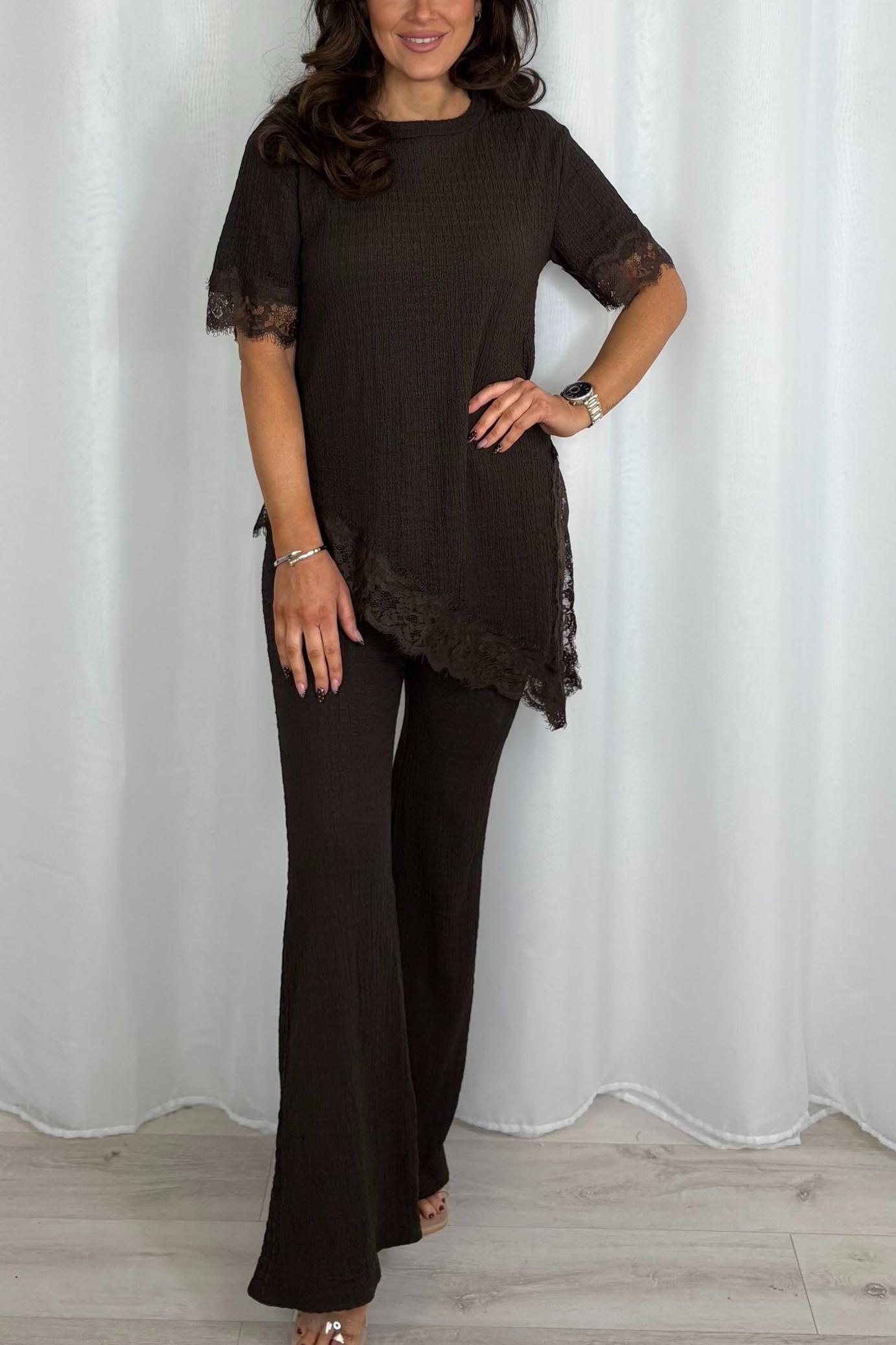 Crinkle Lace Trim Asymmetric Top & Trouser Co-Ord