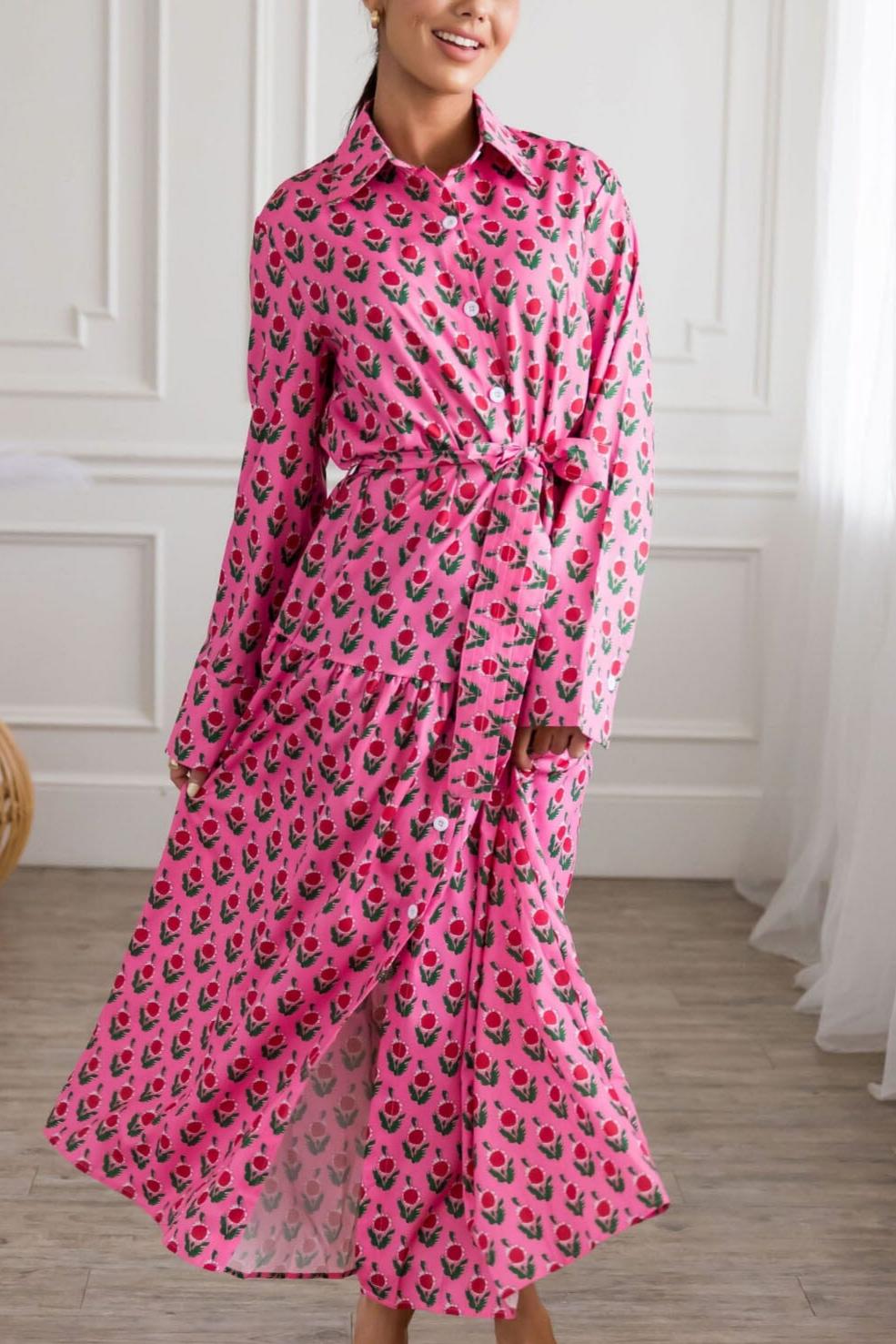 Pink floral print long dress with tie detail