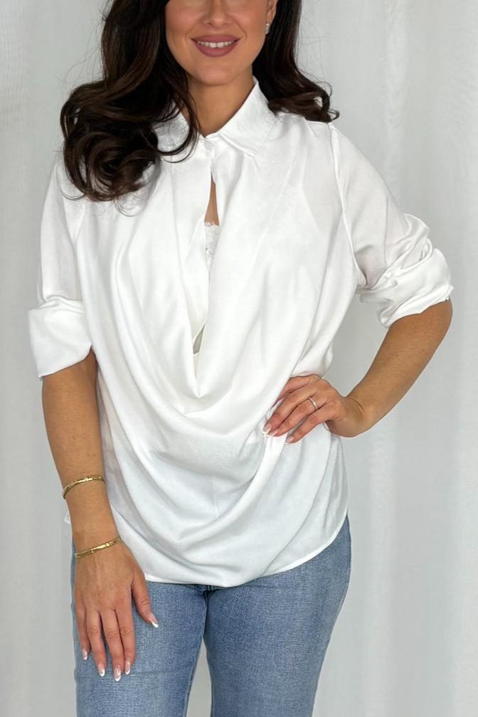 Lace Under Vest Collared Cowl Neck Top 