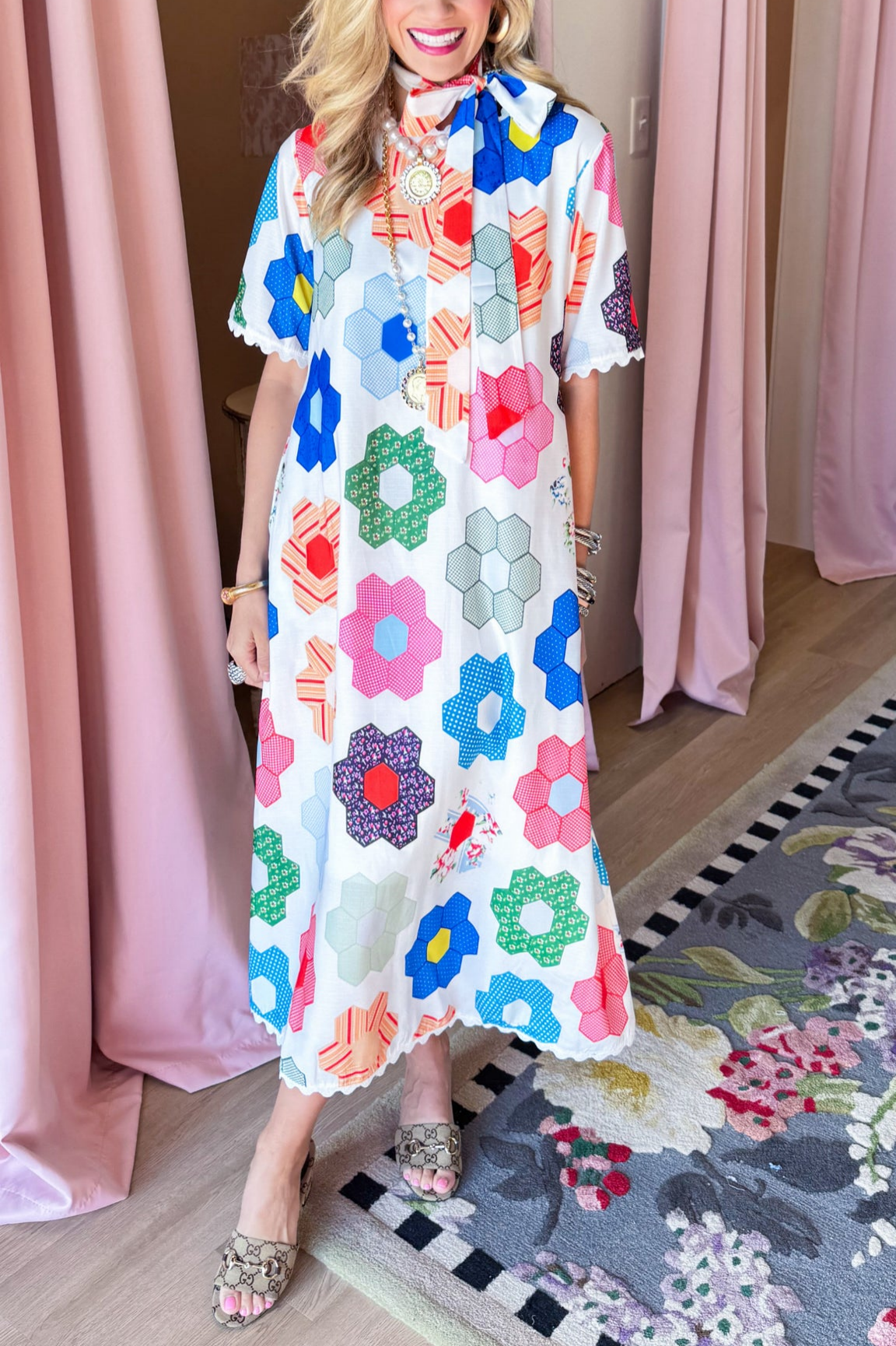White Multi Floral Scallop Trim Midi Dress