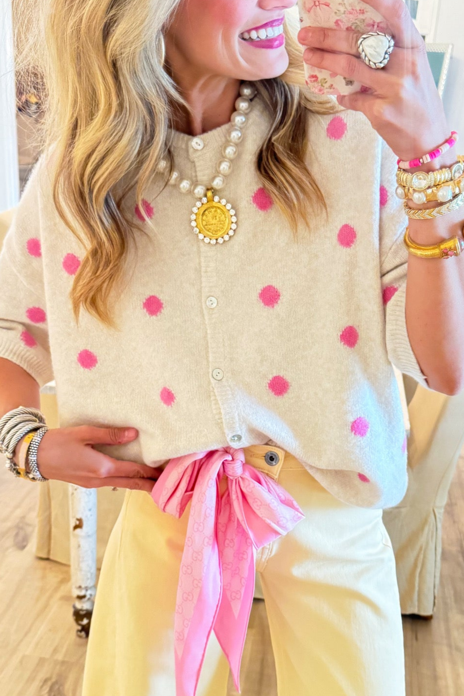 Ivory and Pink Polka Dot Short Sleeve Cardigan