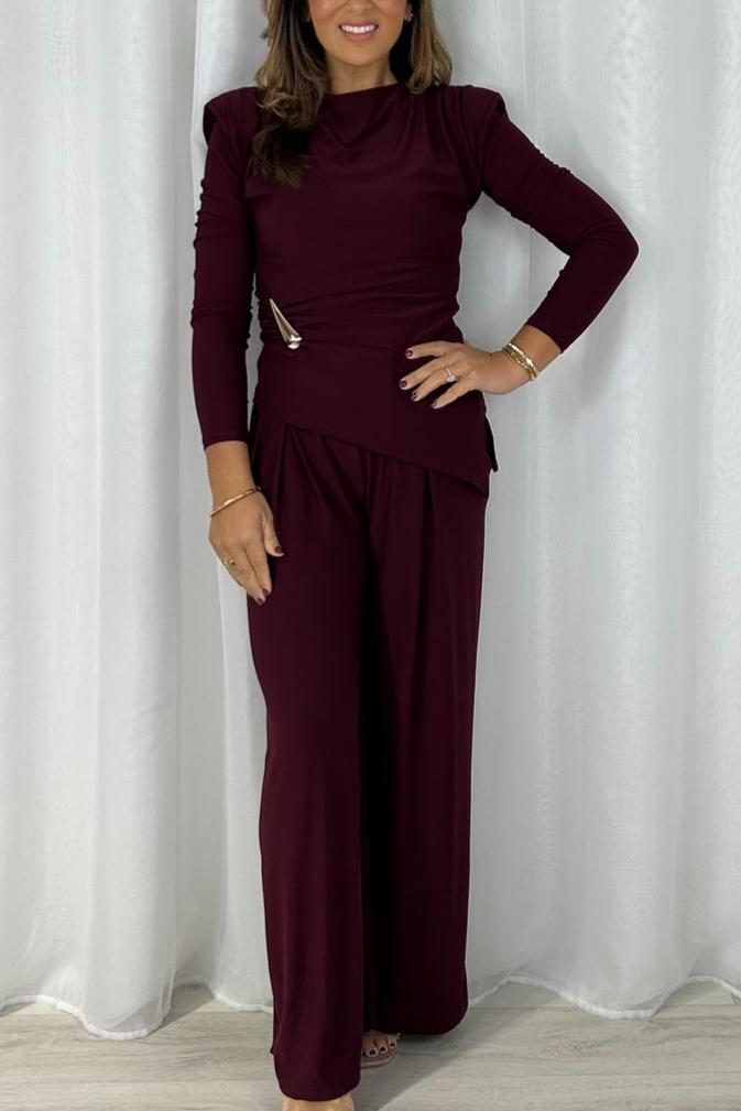 Padded shoulder long-sleeved top and pleated trousers set