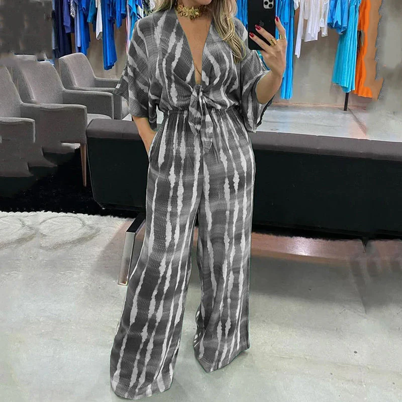 V-neck lace-up print loose jumpsuit