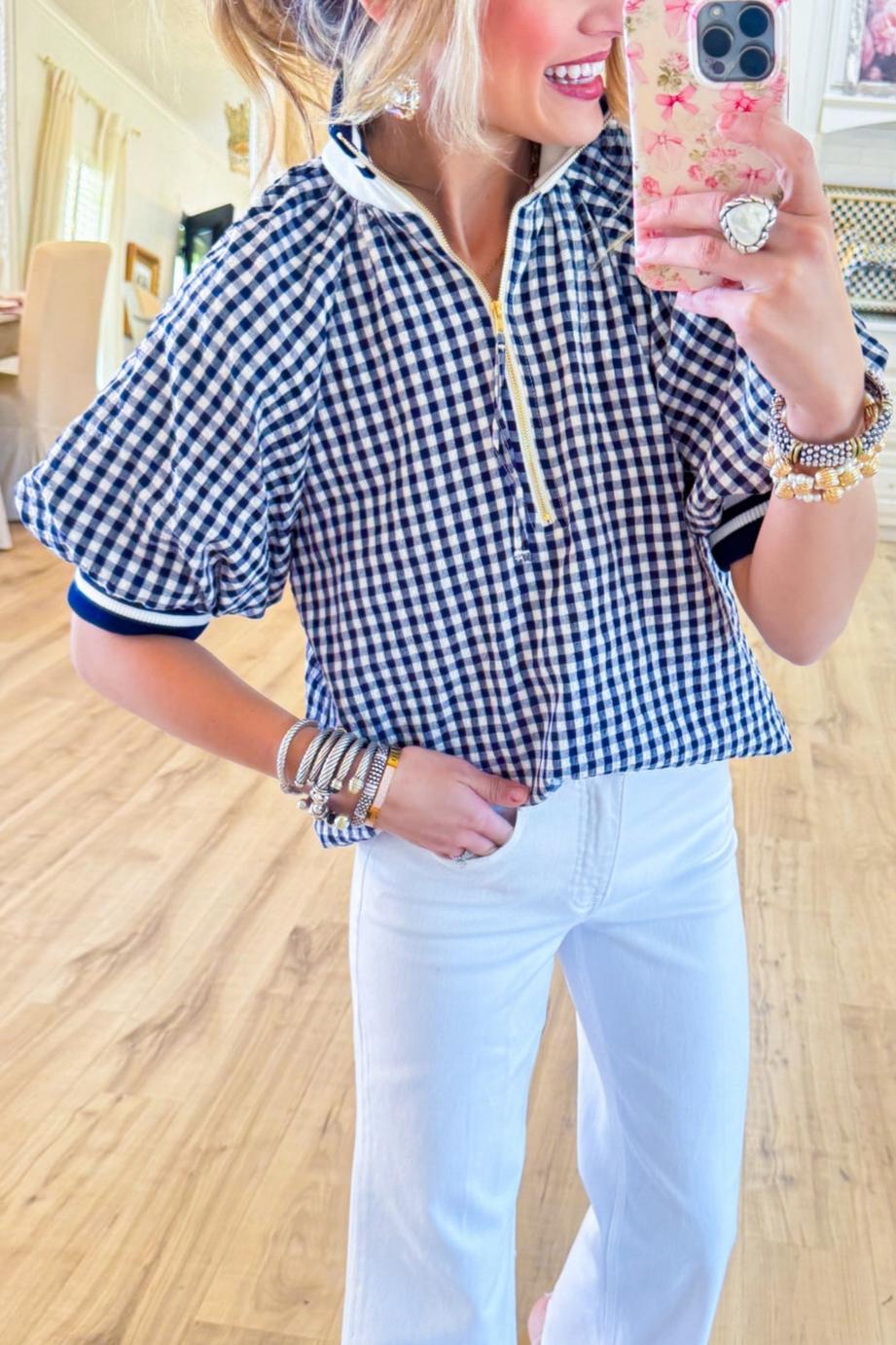 Navy Gingham Puff Sleeve Top