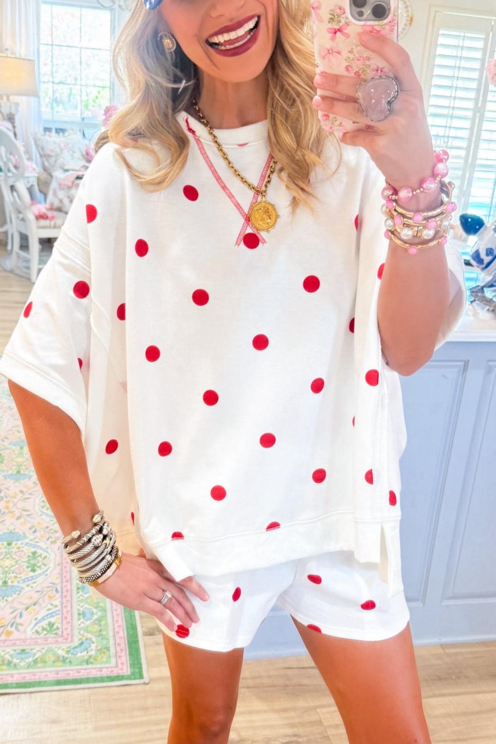 Off White and Red Polka Dot French Terry Set
