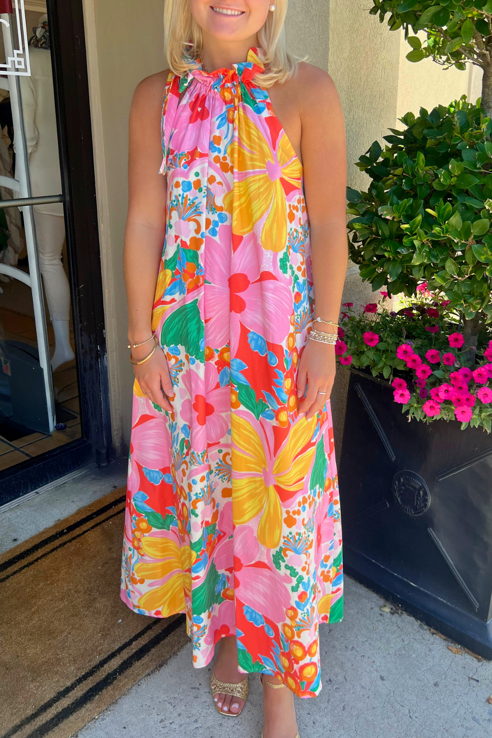 Vibrant Floral Halter Maxi Dress