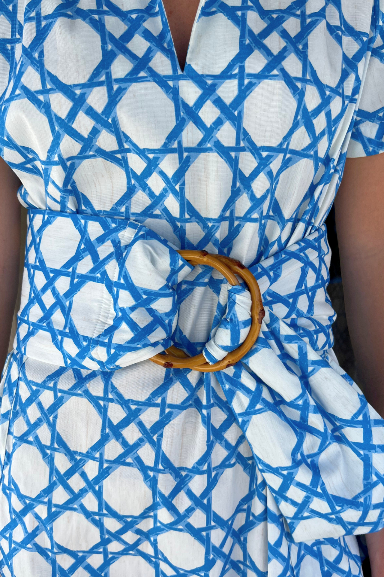 Cane Print Belted Short Sleeve Shirt Dress