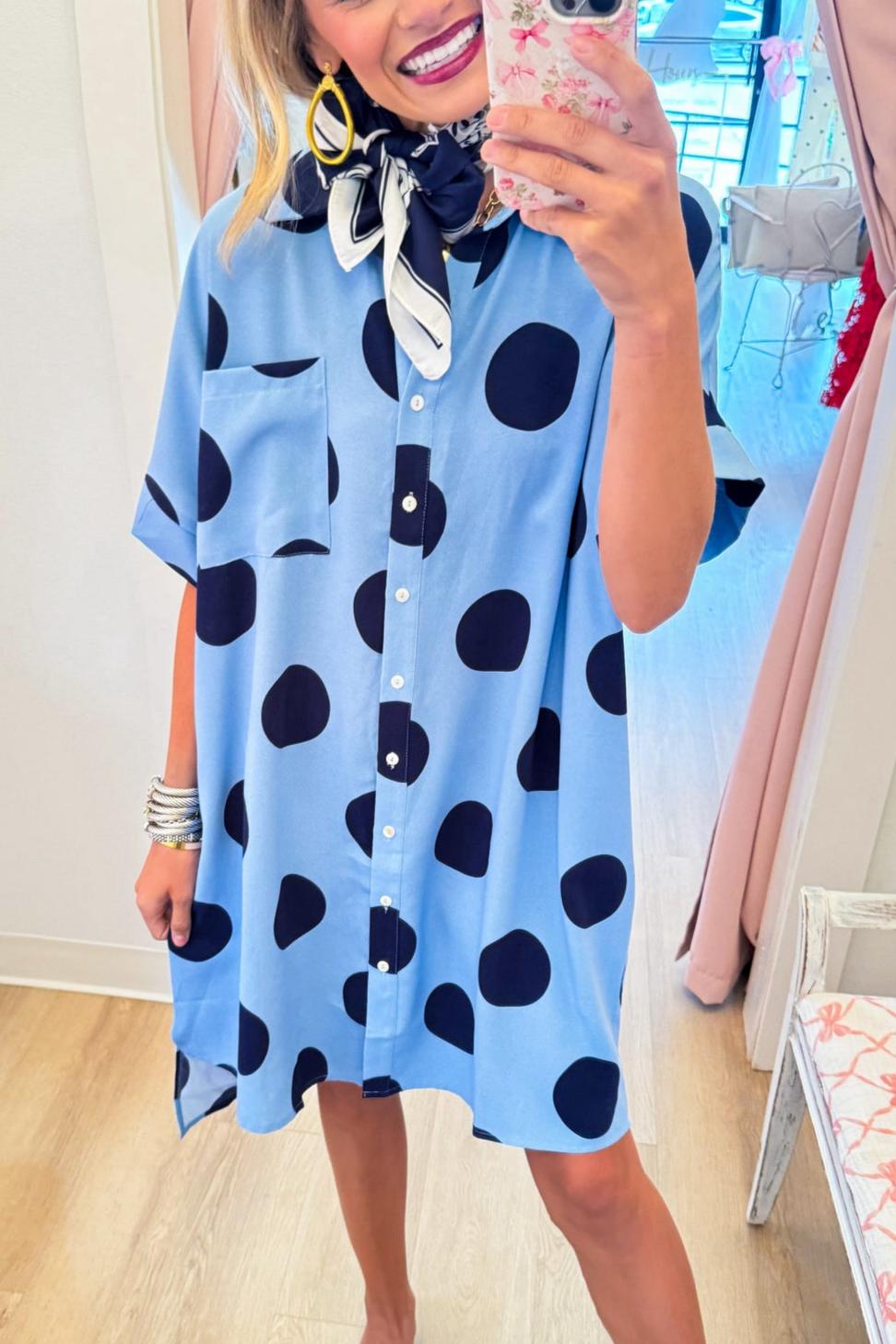 Blue and Navy Polka Dot Shirt Dress