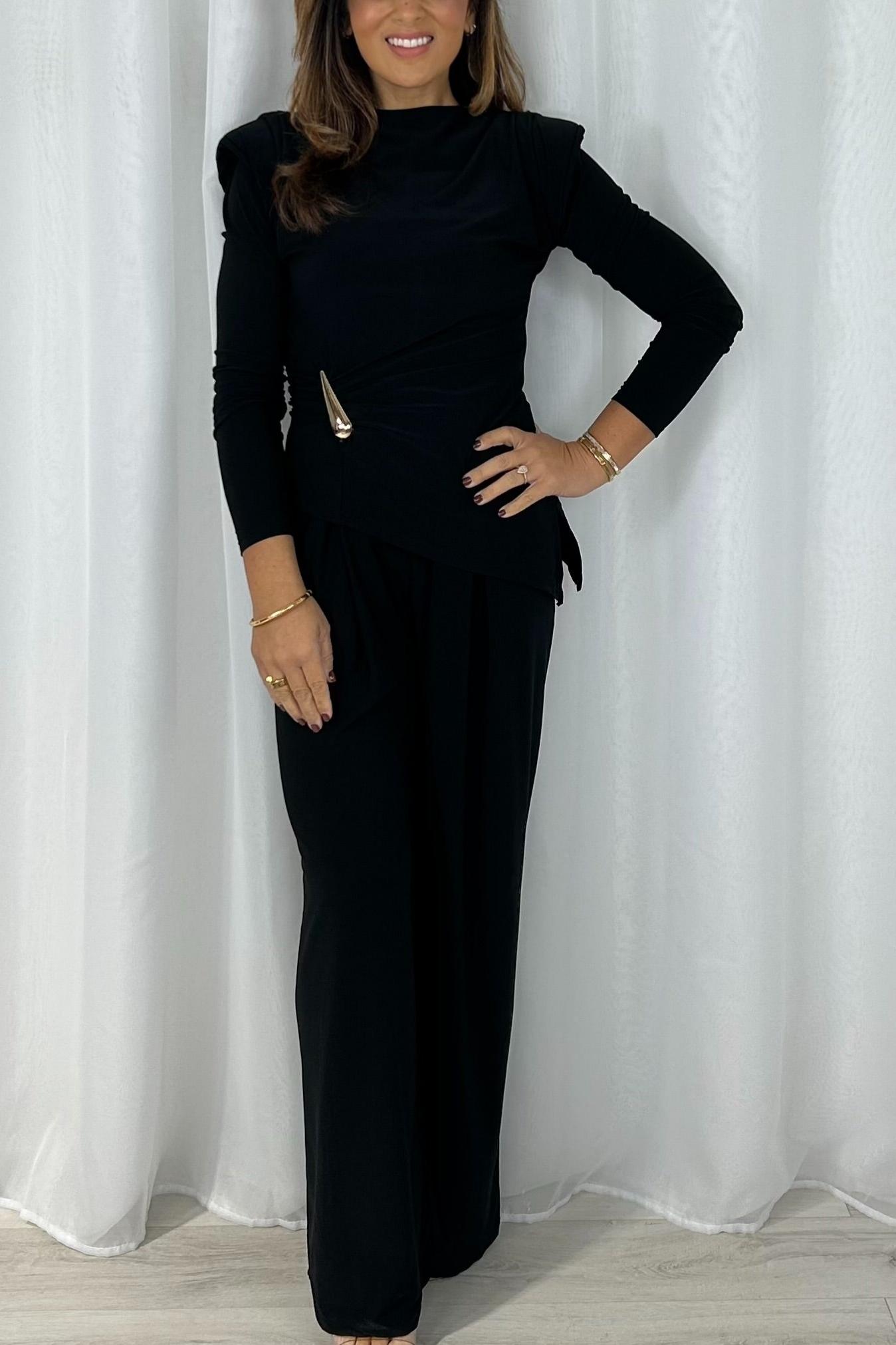 Padded shoulder long-sleeved top and pleated trousers set