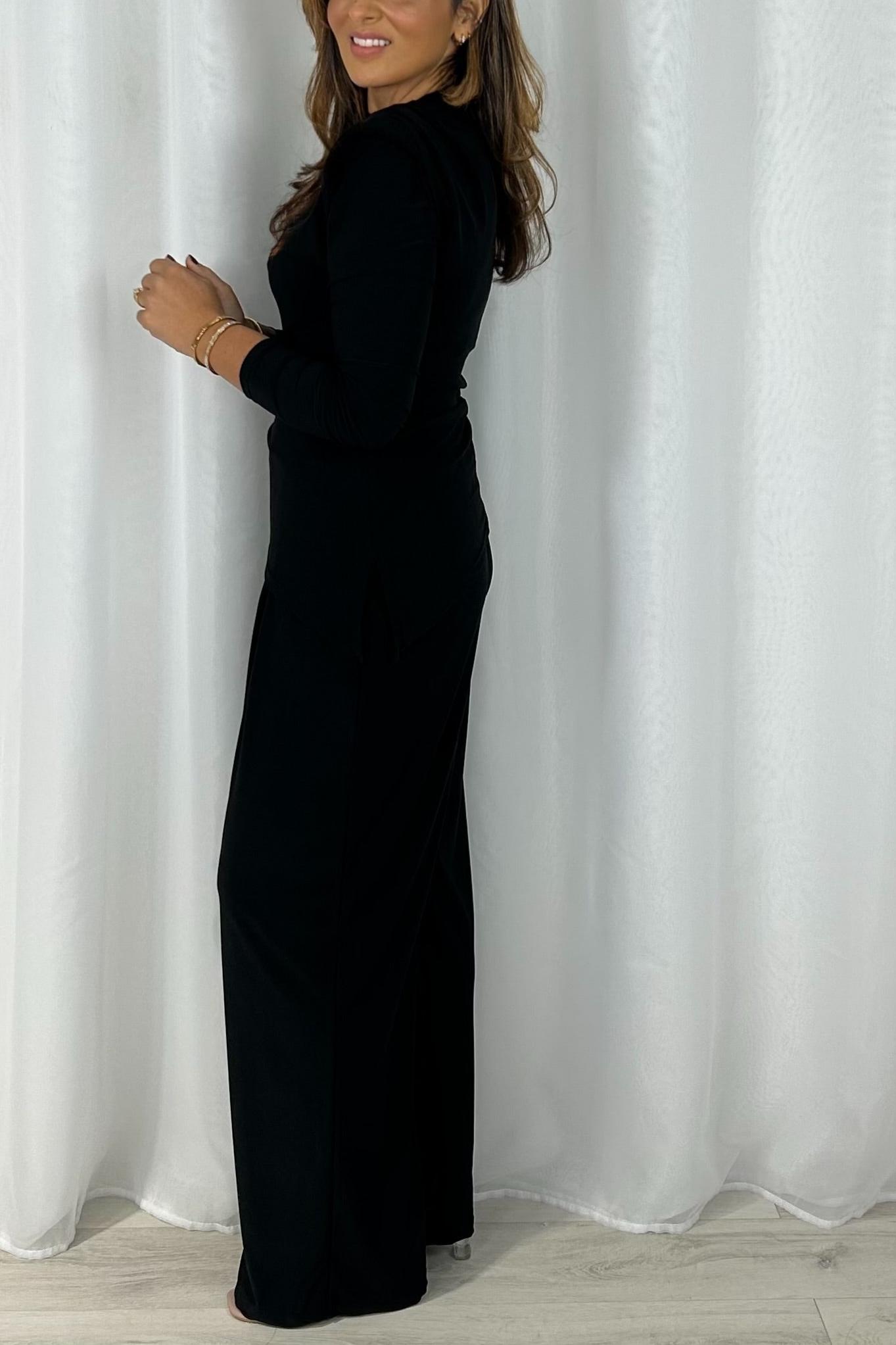 Padded shoulder long-sleeved top and pleated trousers set