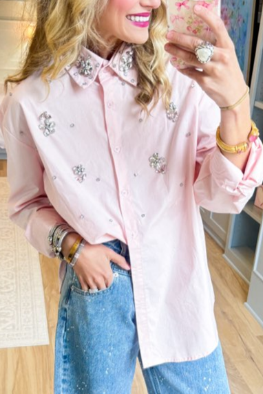 Pink Rhinestone Detail Button Up Top