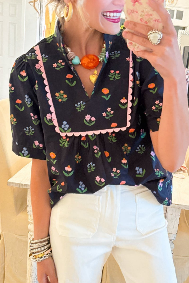 Black Floral Scallop Trim Detail Top